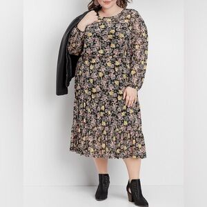 Maurices Plus Size Floral Mesh Midi Dress Tiered Black Multicolor Roses Sz 4X